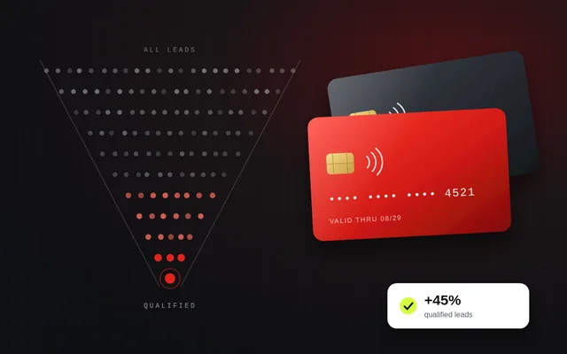 Illustration: a lead funnel narrowing to qualified customers beside bank cards, +45% qualified leads