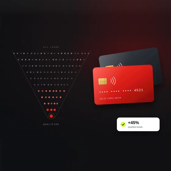 Illustration: a lead funnel narrowing to qualified customers beside bank cards