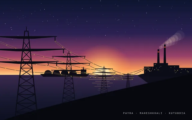 Illustration: power lines running to a power plant at dusk over the sea