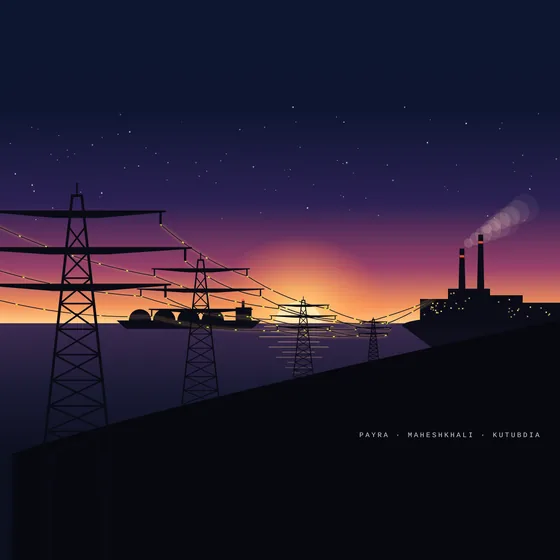 Illustration: power lines running to a power plant at dusk over the sea