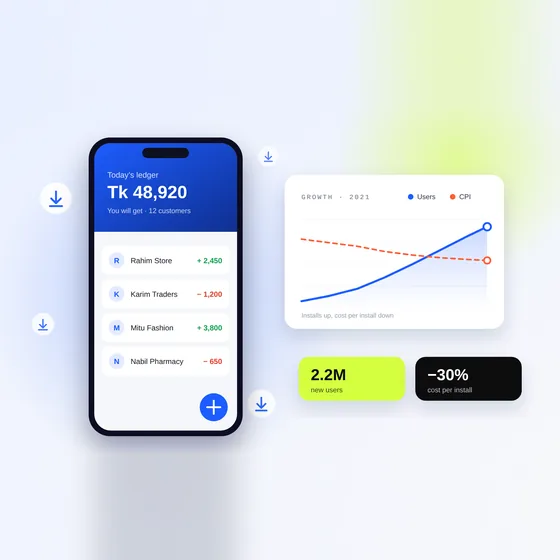 Illustration: a digital ledger app and a growth chart